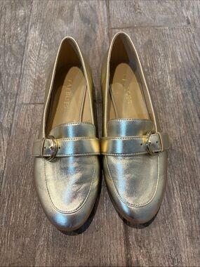 Talbots Ryan Buckle Metallic Gold Leather Loafers Women’s size 7